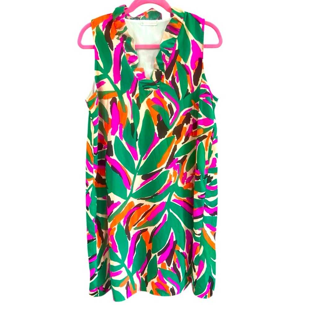 FSL Apparel Bold Tropical Print Ruffle V-neck Resort Summer Shift Dress Size M